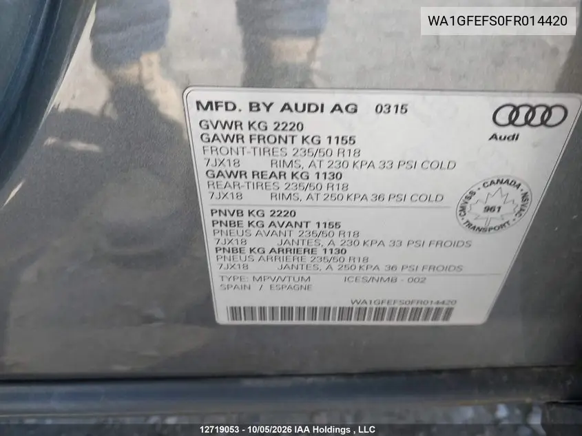 2015 AUDI Q3 VIN WA1GFEFS0FR014420 — фото 9