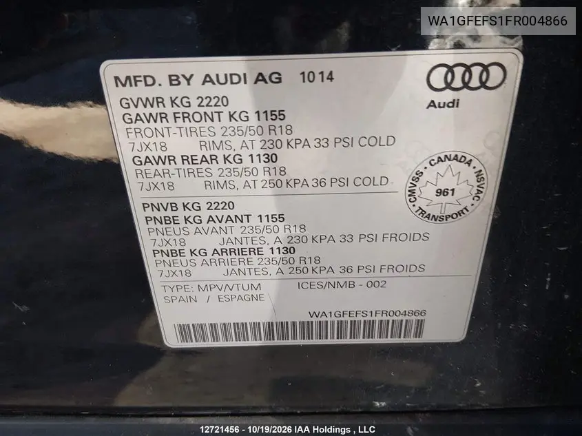 2015 AUDI Q3 VIN WA1GFEFS1FR004866 — фото 9