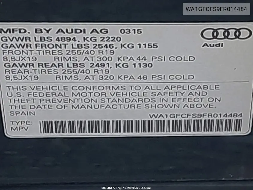 2015 AUDI Q3 VIN WA1GFCFS9FR014484 — фото 9