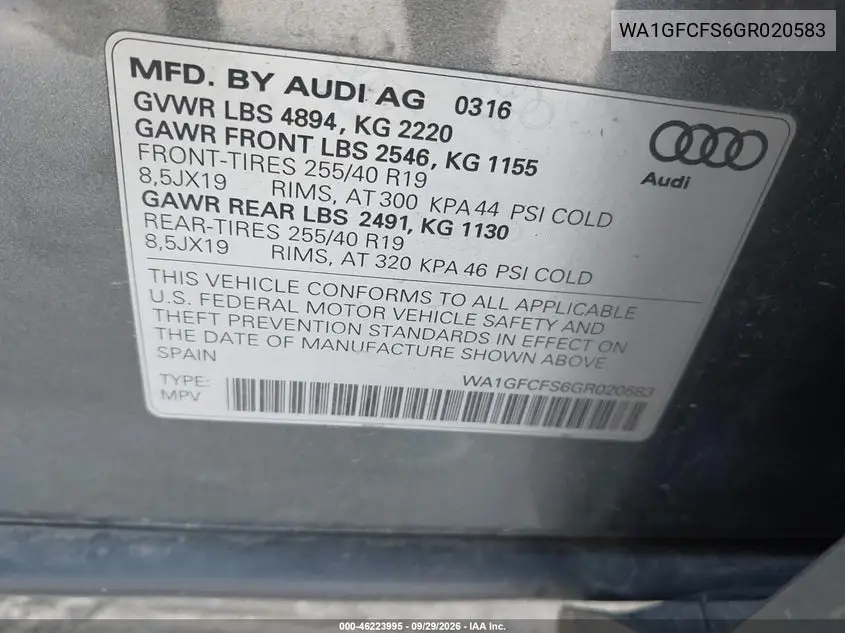 2016 AUDI Q3 VIN WA1GFCFS6GR020583 — фото 9