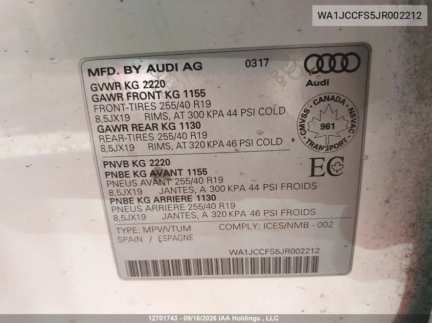 2018 AUDI Q3 VIN WA1JCCFS5JR002212 — фото 9