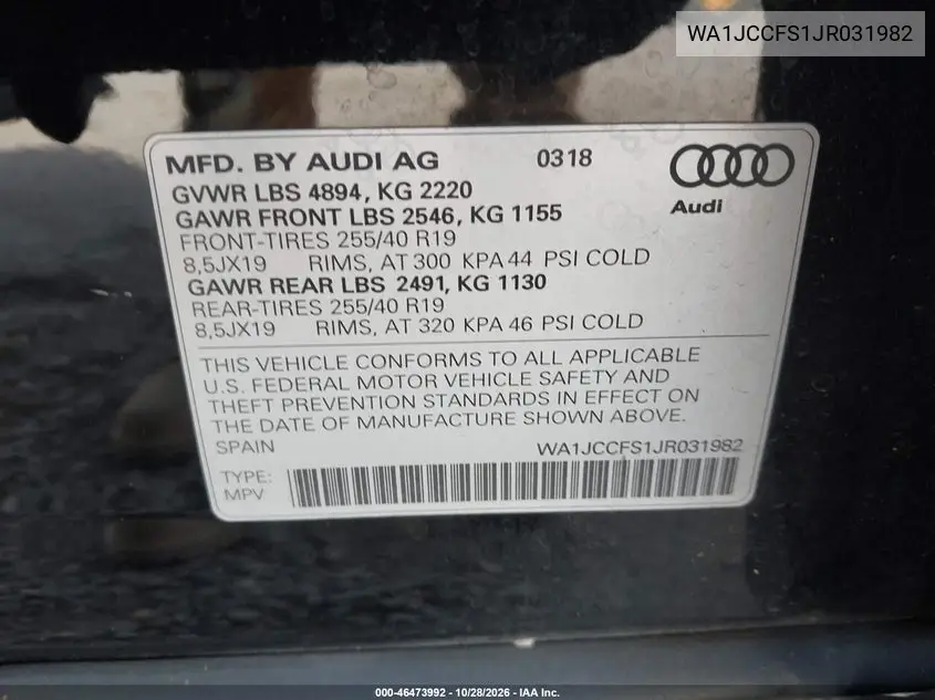 2018 AUDI Q3 VIN WA1JCCFS1JR031982 — фото 9