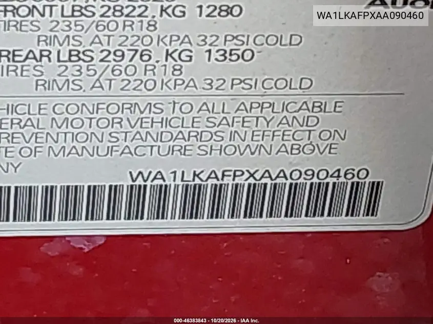 2010 AUDI Q5 VIN WA1LKAFPXAA090460 — фото 9