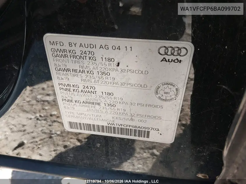 2011 AUDI Q5 VIN WA1VFCFP6BA099702 — фото 9