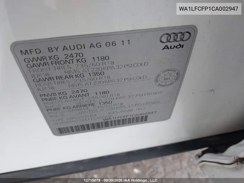 2012 AUDI Q5 VIN WA1LFCFP1CA002947 — фото 18