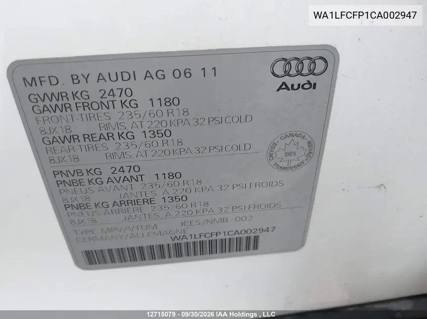 2012 AUDI Q5 VIN WA1LFCFP1CA002947 — фото 9