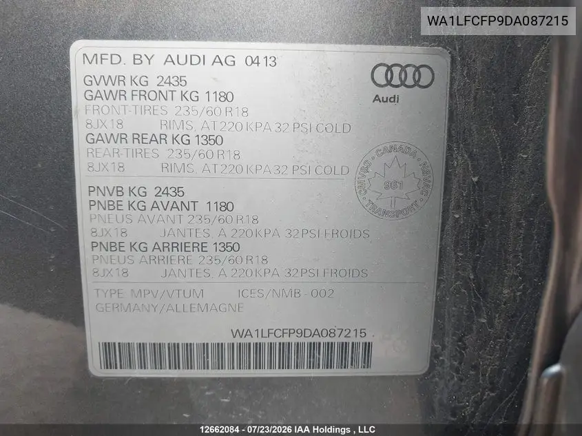 2013 AUDI Q5 VIN WA1LFCFP9DA087215 — фото 19