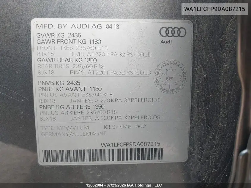 2013 AUDI Q5 VIN WA1LFCFP9DA087215 — фото 9