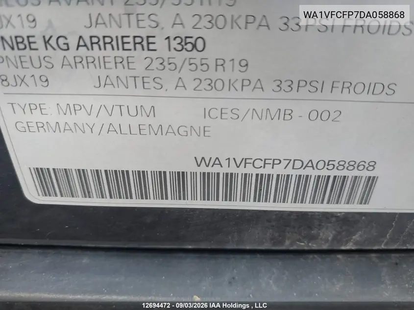 2013 AUDI Q5 VIN WA1VFCFP7DA058868 — фото 9