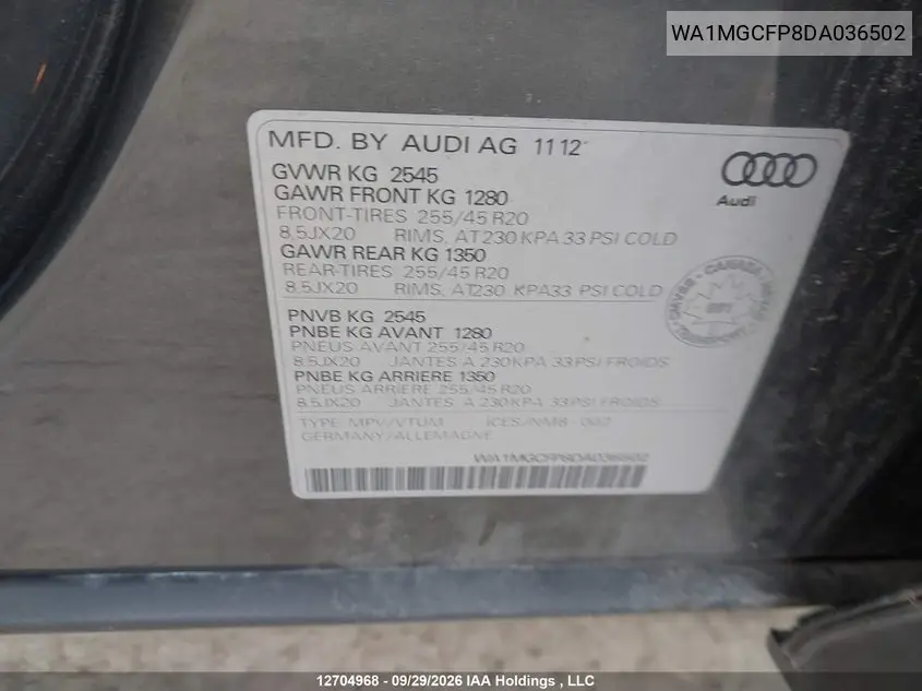 2013 AUDI Q5 VIN WA1MGCFP8DA036502 — фото 9