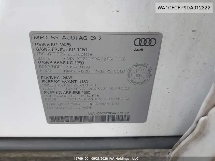 2013 AUDI Q5 VIN WA1CFCFP9DA012322 — фото 19
