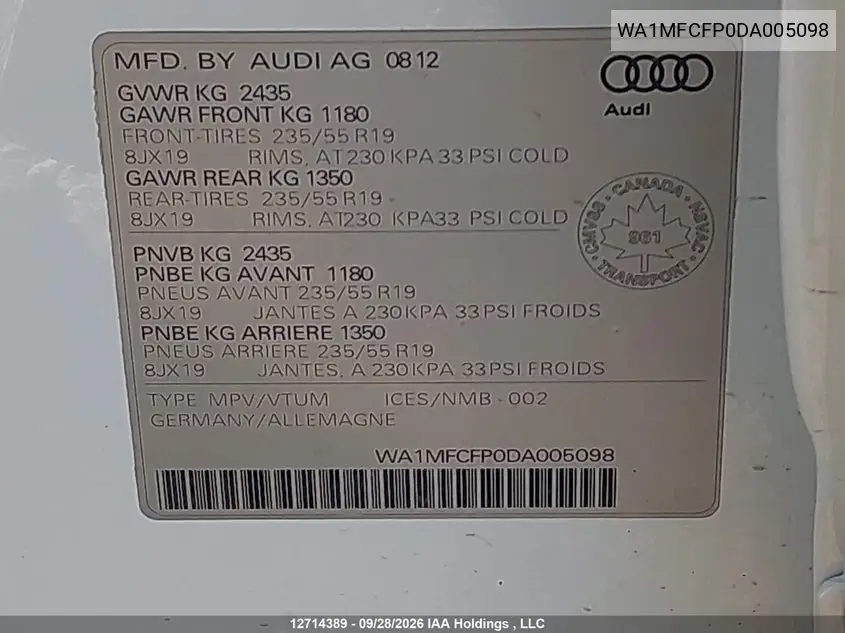 2013 AUDI Q5 VIN WA1MFCFP0DA005098 — фото 9