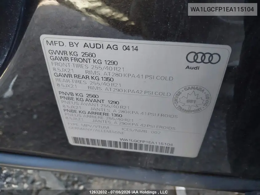 2014 AUDI Q5 VIN WA1LGCFP1EA115104 — фото 9
