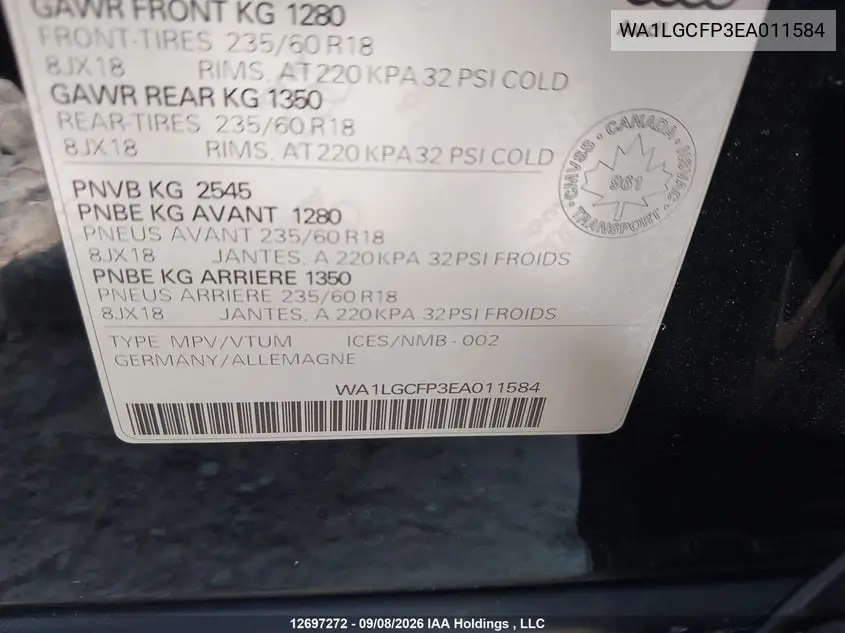 2014 AUDI Q5 VIN WA1LGCFP3EA011584 — фото 9
