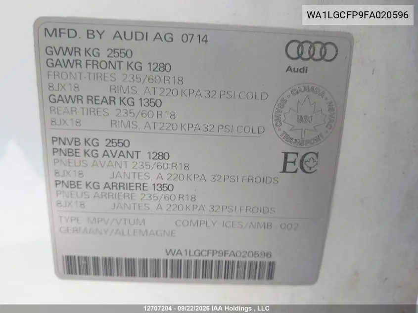 2015 AUDI Q5 VIN WA1LGCFP9FA020596 — фото 18