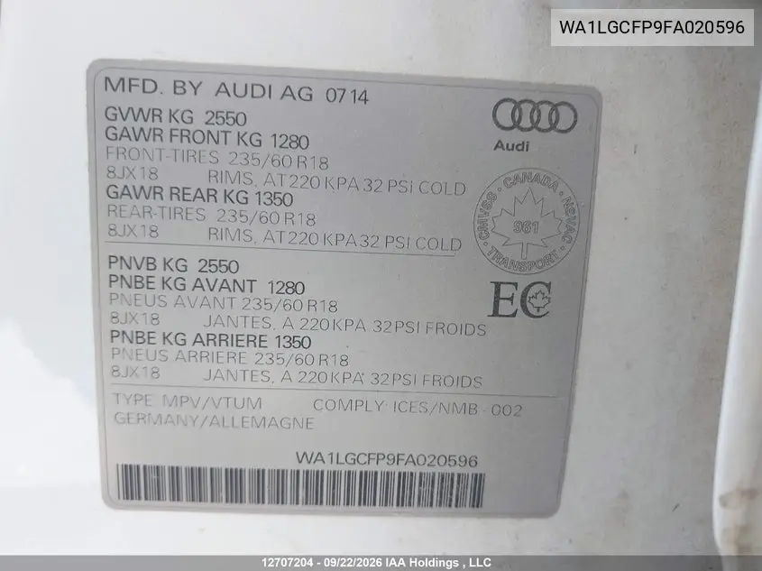 2015 AUDI Q5 VIN WA1LGCFP9FA020596 — фото 9