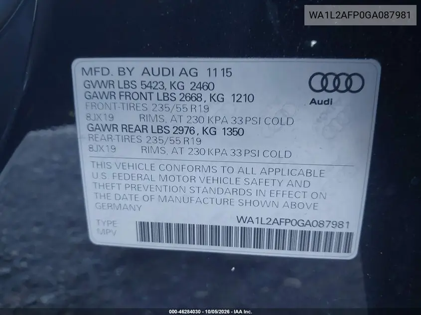 2016 AUDI Q5 VIN WA1L2AFP0GA087981 — фото 9