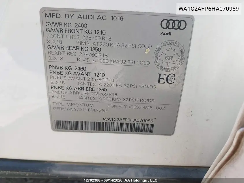 2017 AUDI Q5 VIN WA1C2AFP6HA070989 — фото 9