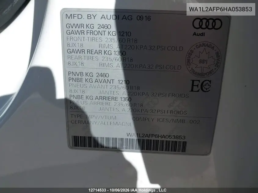 2017 AUDI Q5 VIN WA1L2AFP6HA053853 — фото 18