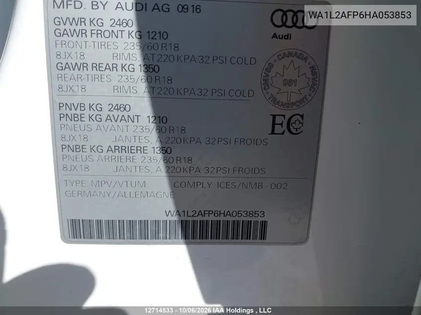 2017 AUDI Q5 VIN WA1L2AFP6HA053853 — фото 9