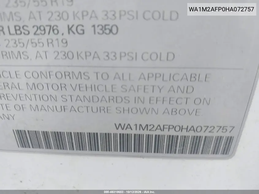 2017 AUDI Q5 VIN WA1M2AFP0HA072757 — фото 9