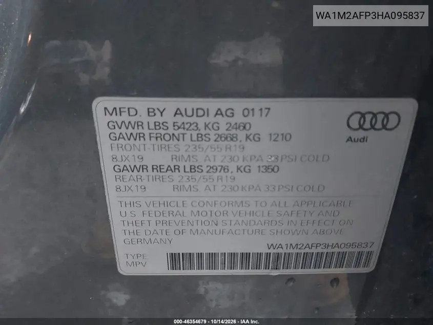 2017 AUDI Q5 VIN WA1M2AFP3HA095837 — фото 9