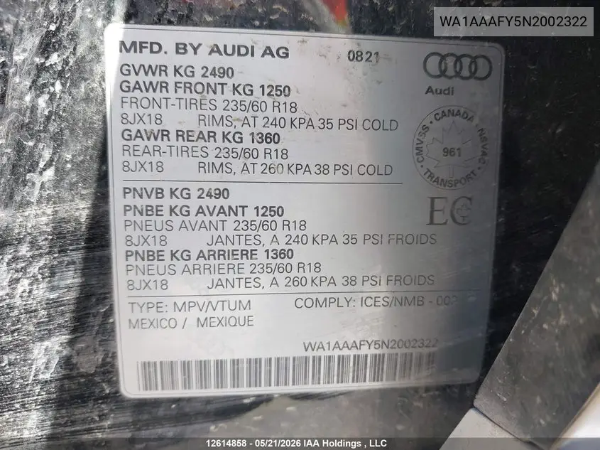 2022 AUDI Q5 VIN WA1AAAFY5N2002322 — фото 9