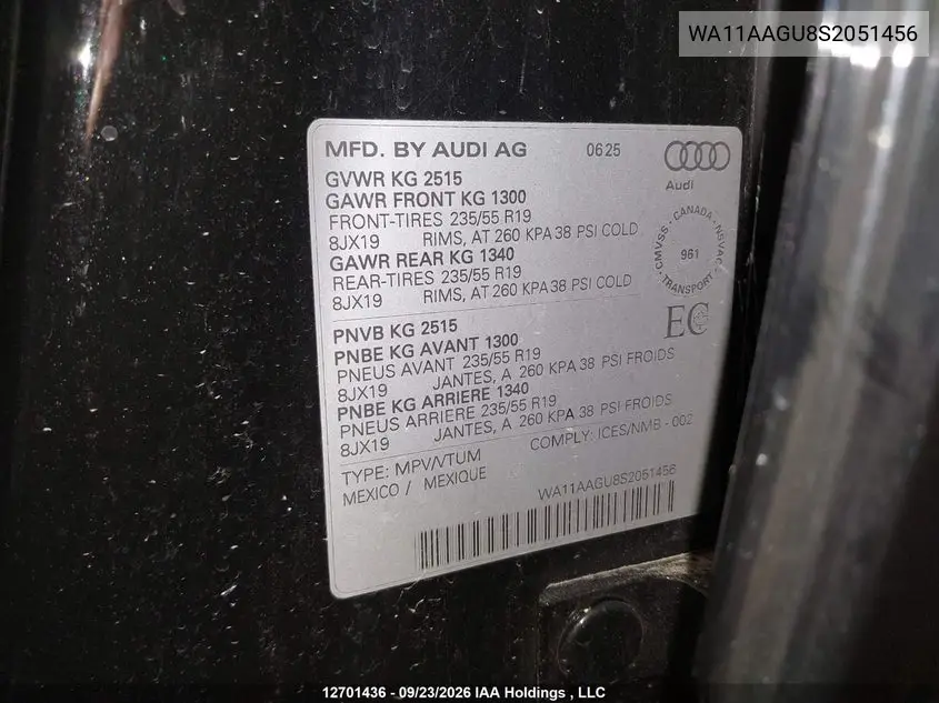 2025 AUDI Q5 VIN WA11AAGU8S2051456 — фото 9