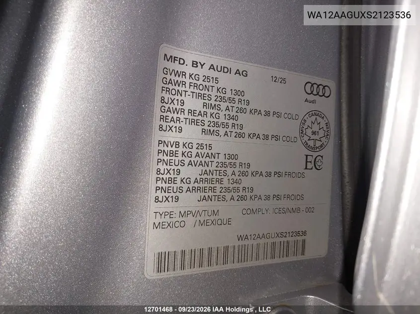 2025 AUDI Q5 VIN WA12AAGUXS2123536 — фото 9