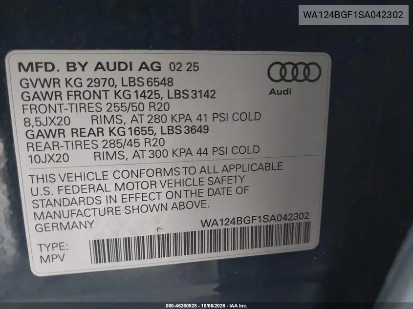 2025 AUDI Q6 E-TRON VIN WA124BGF1SA042302 — фото 9