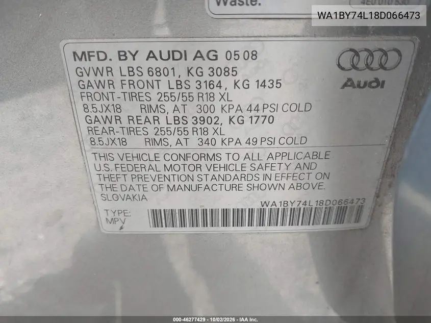 2008 AUDI Q7 VIN WA1BY74L18D066473 — фото 9
