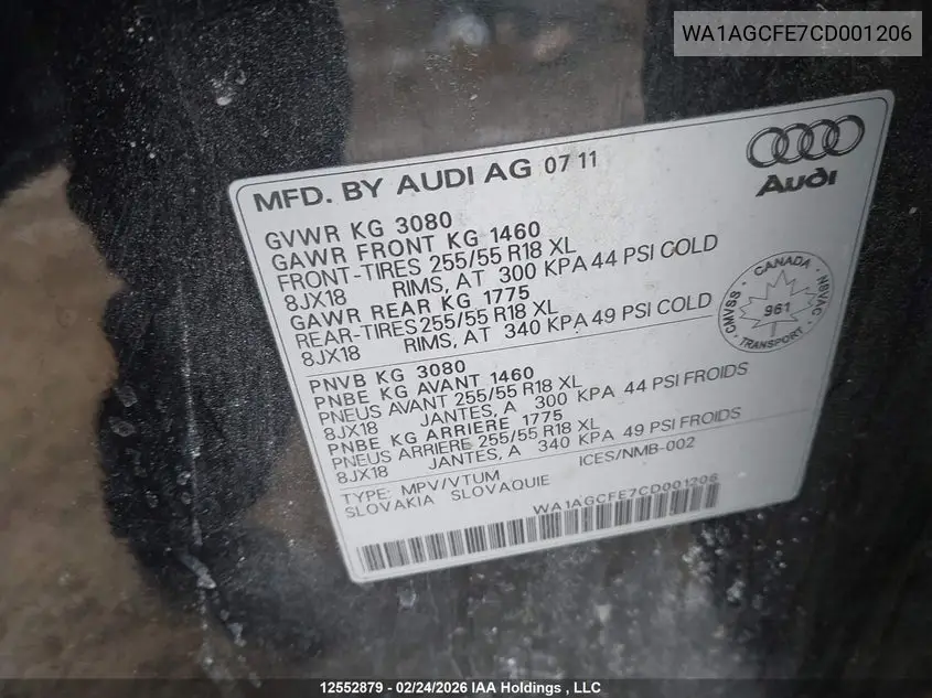 2012 AUDI Q7 VIN WA1AGCFE7CD001206 — фото 9