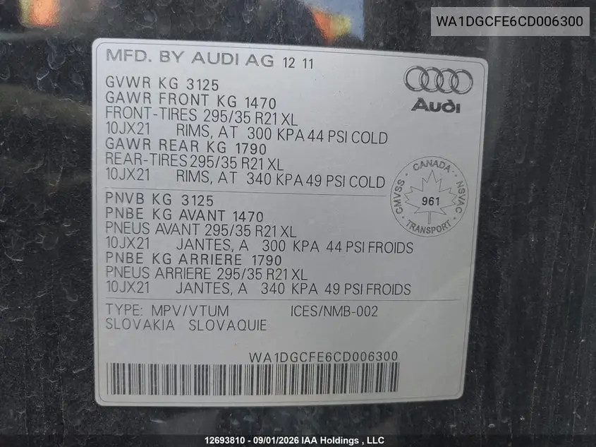 2012 AUDI Q7 VIN WA1DGCFE6CD006300 — фото 18