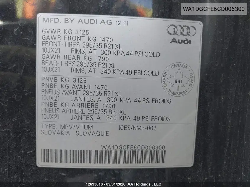 2012 AUDI Q7 VIN WA1DGCFE6CD006300 — фото 9