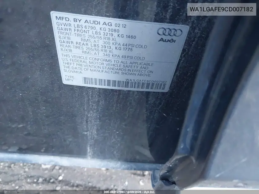 2012 AUDI Q7 VIN WA1LGAFE9CD007182 — фото 9