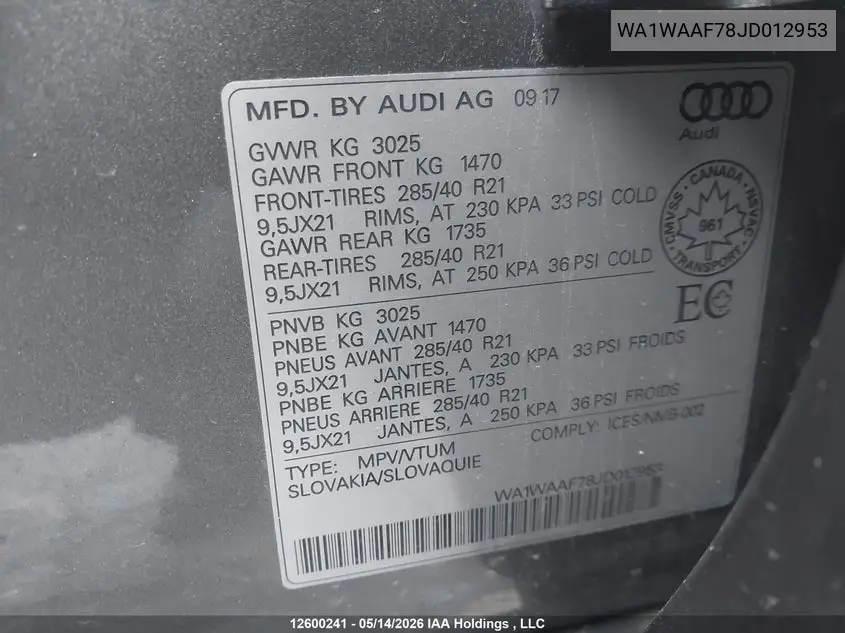 2018 AUDI Q7 VIN WA1WAAF78JD012953 — фото 9