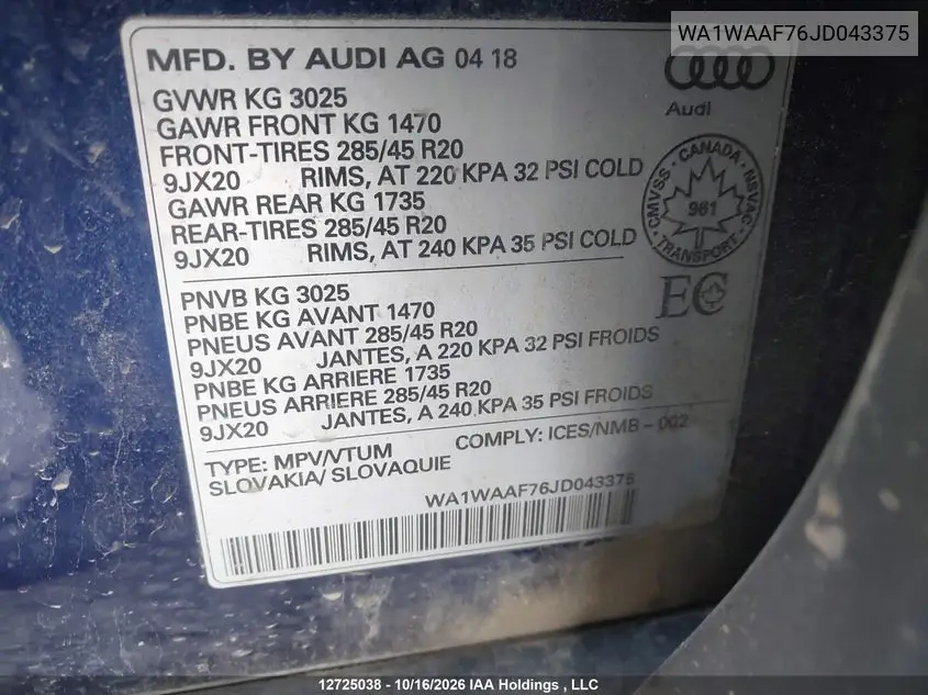 2018 AUDI Q7 VIN WA1WAAF76JD043375 — фото 9