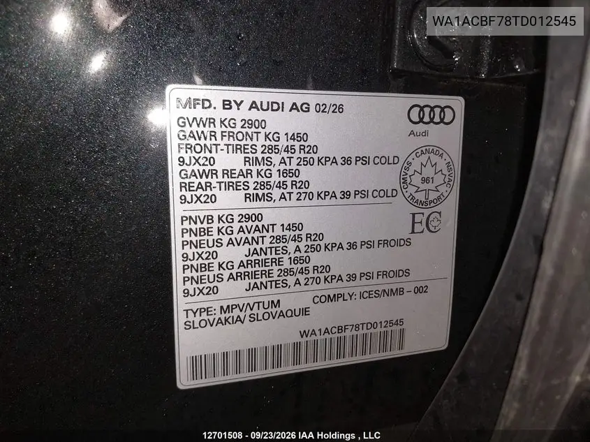 2026 AUDI Q7 VIN WA1ACBF78TD012545 — фото 9