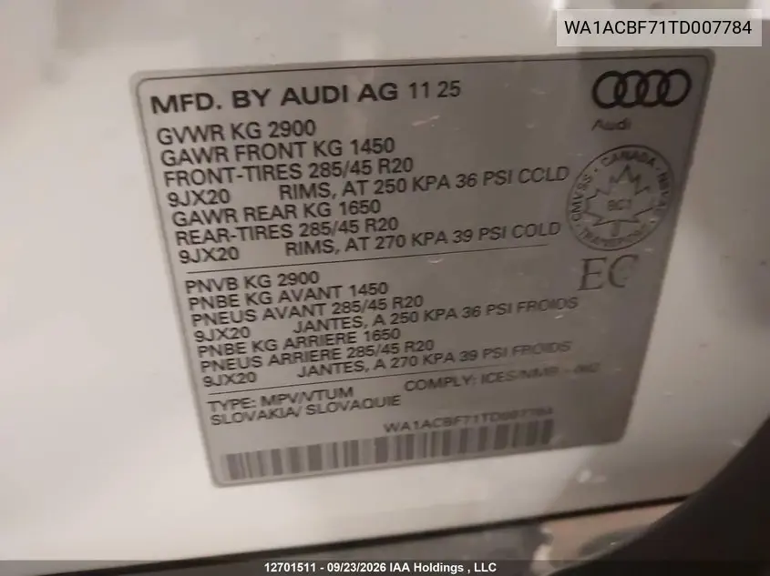 2026 AUDI Q7 VIN WA1ACBF71TD007784 — фото 9