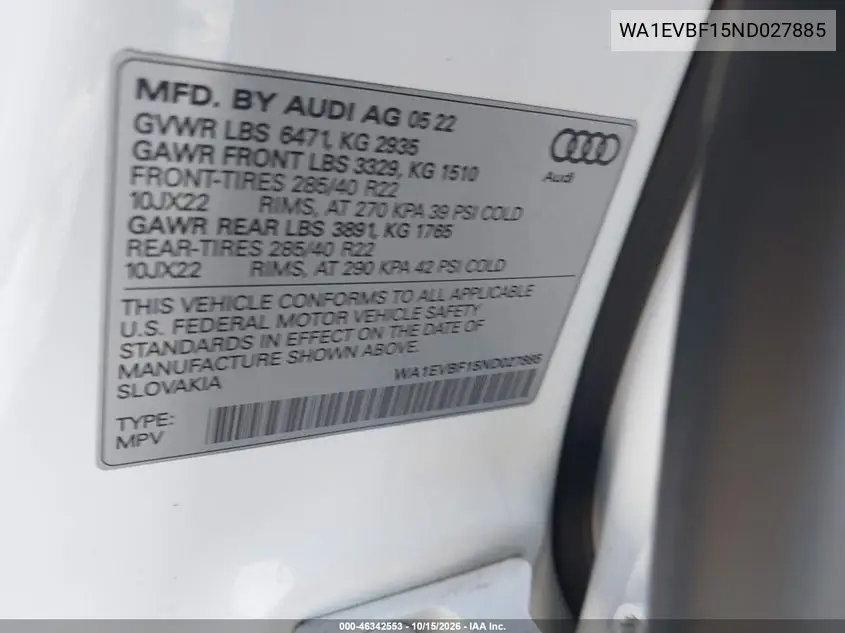 2022 AUDI Q8 VIN WA1EVBF15ND027885 — фото 9