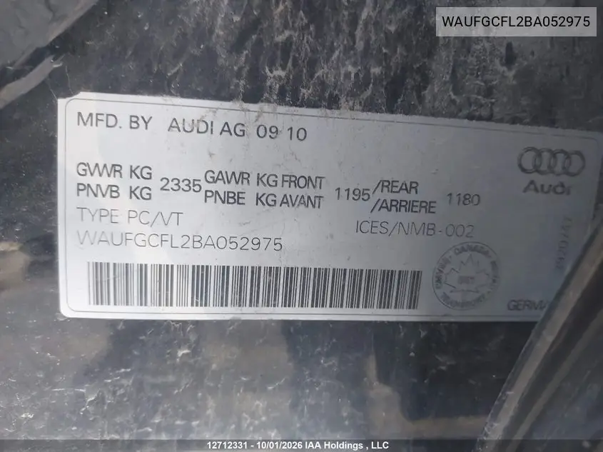 2011 AUDI S4 VIN WAUFGCFL2BA052975 — фото 9