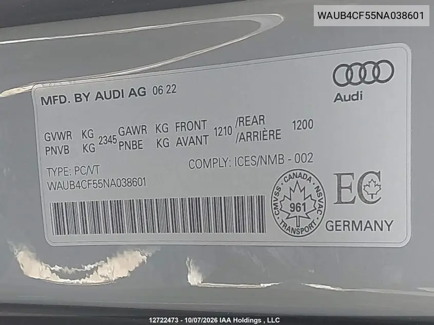 2022 AUDI S5 VIN WAUB4CF55NA038601 — фото 9
