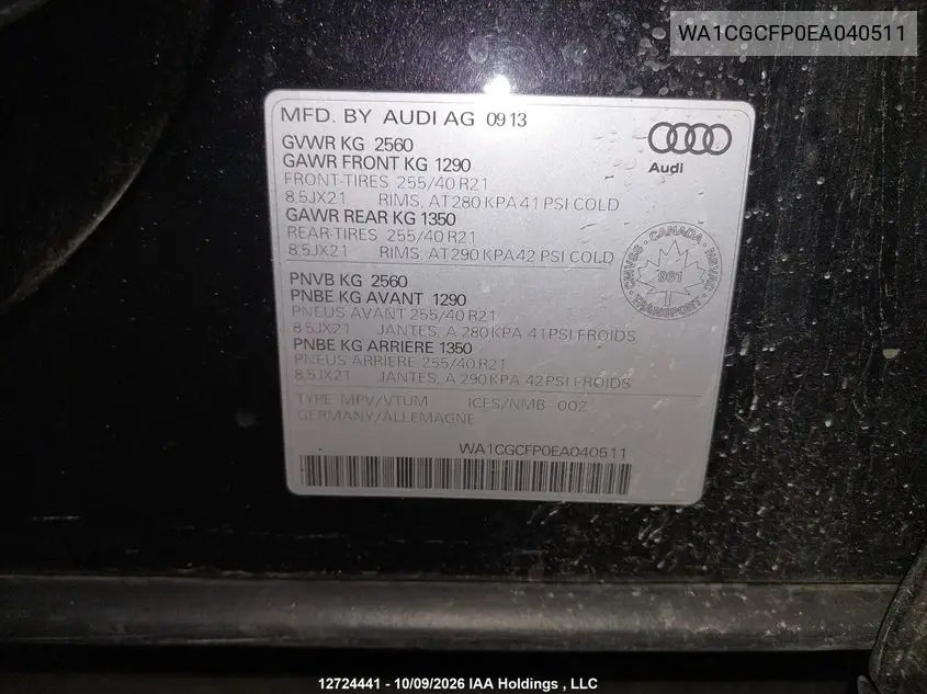 2014 AUDI SQ5 VIN WA1CGCFP0EA040511 — фото 9