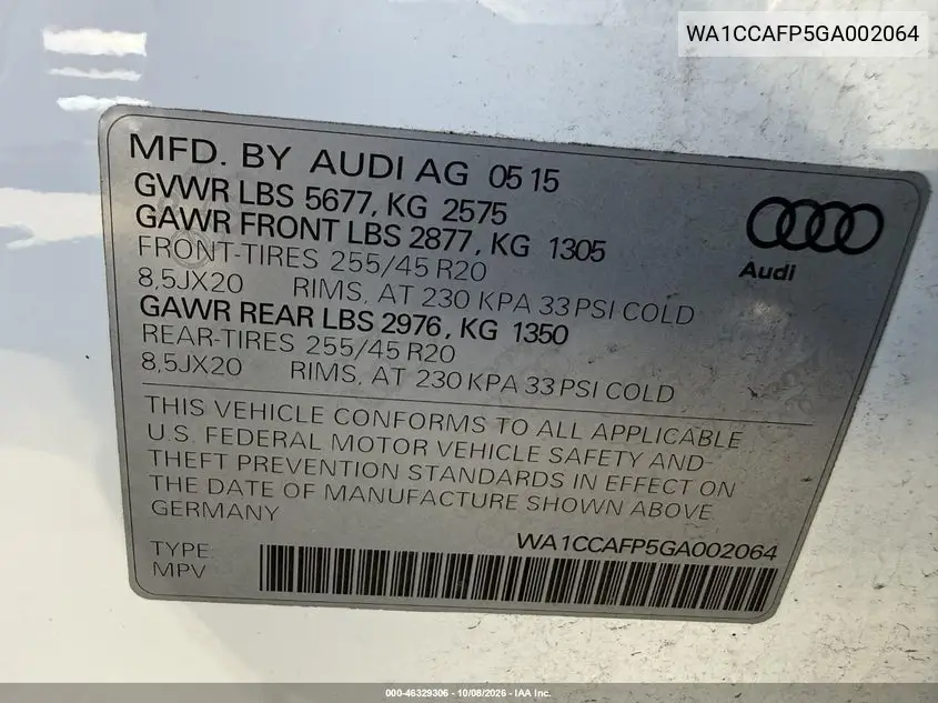 2016 AUDI SQ5 VIN WA1CCAFP5GA002064 — фото 9