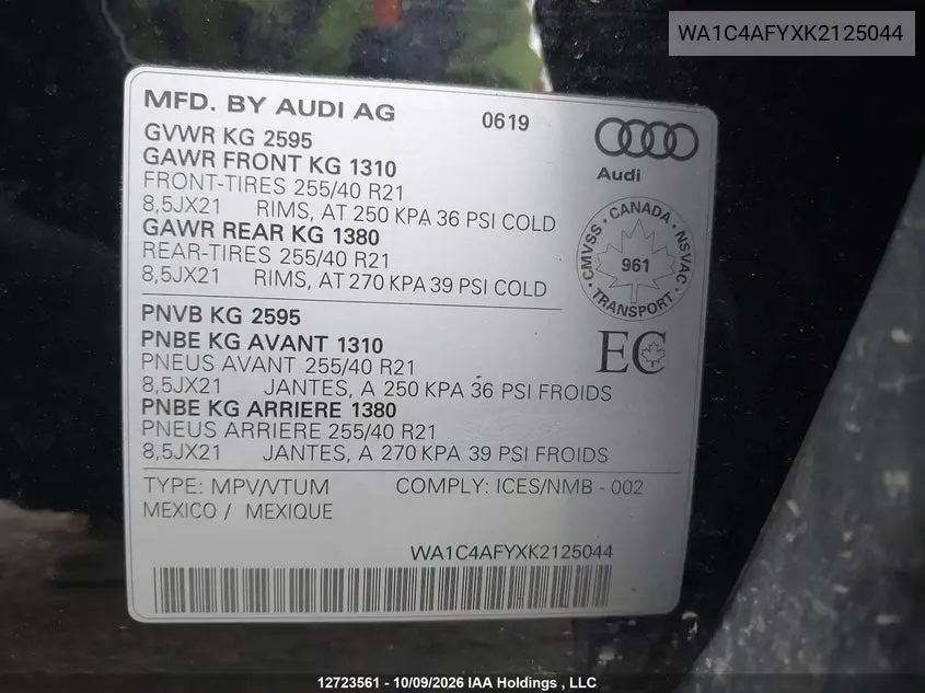 2019 AUDI SQ5 VIN WA1C4AFYXK2125044 — фото 9