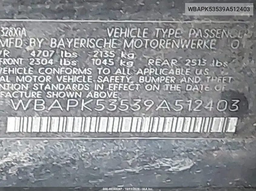 2009 BMW 3ER VIN WBAPK53539A512403 — фото 9