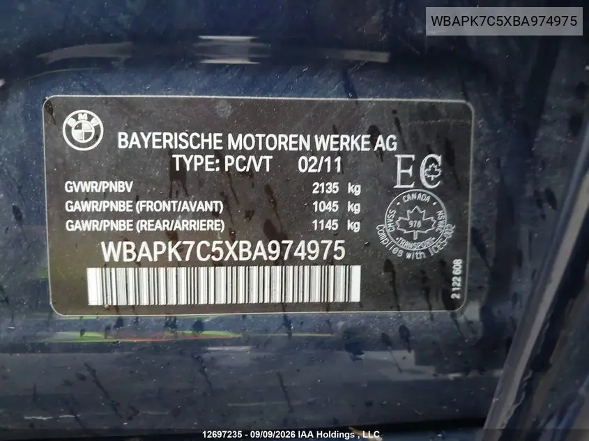 2011 BMW 3ER VIN WBAPK7C5XBA974975 — фото 9