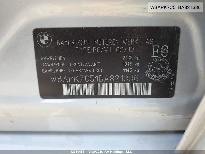 2011 BMW 3ER VIN WBAPK7C51BA821336 — фото 9