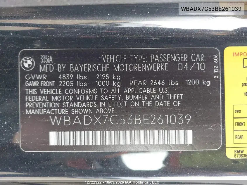 2011 BMW 3ER VIN WBADX7C53BE261039 — фото 19