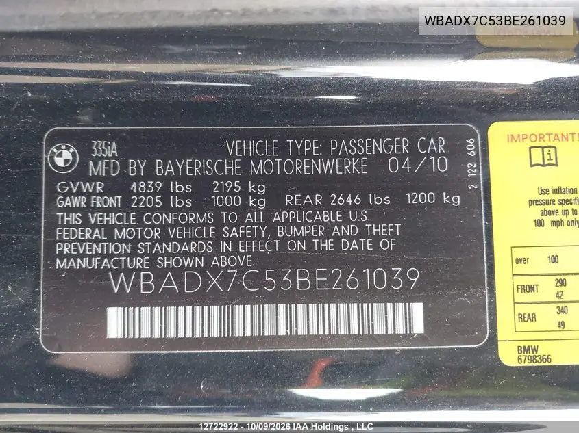 2011 BMW 3ER VIN WBADX7C53BE261039 — фото 9